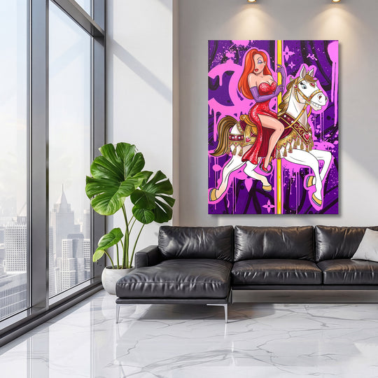 Motivační obraz Jessica Rabbit na kolotočovém koni v moderním obývacím pokoji.