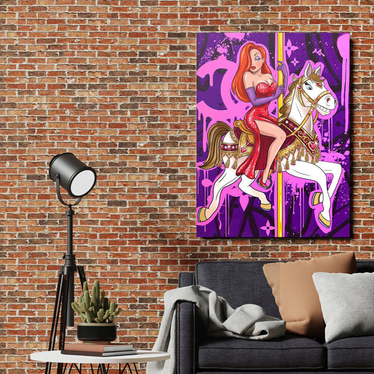 Motivační obraz Jessica Rabbit na kolotočovém koni na cihlové stěně.