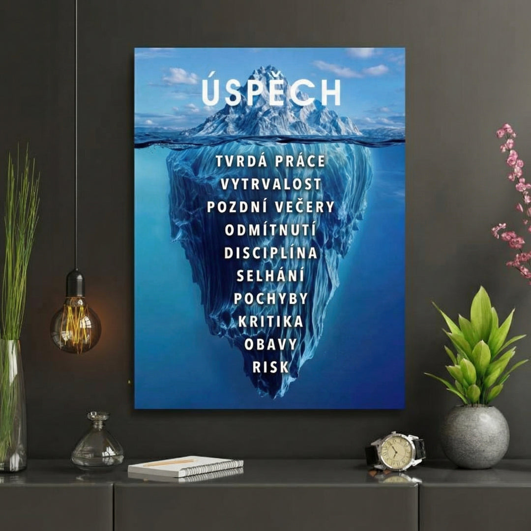 Motivační obraz na zeď s ledovcem a inspirativním citátem o úspěchu v moderní kanceláři