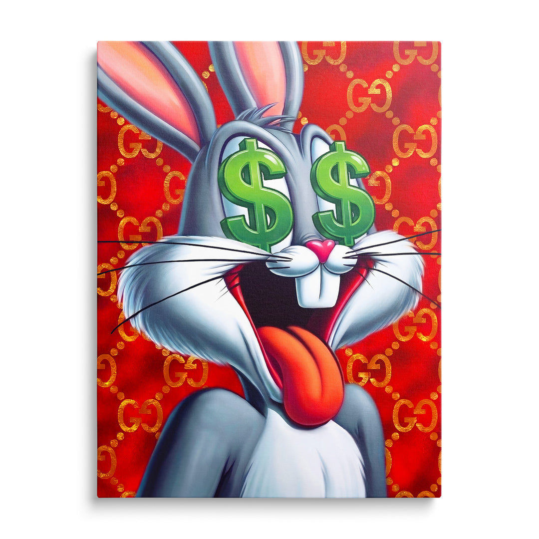 Luxusní pop art obraz na plátně Bugs Bunny se zelenými dolarovými znaky místo očí na červeném Gucci pozadí