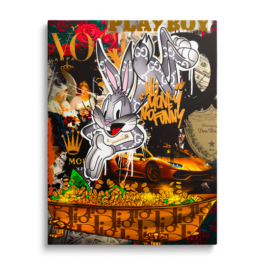 Luxusní pop art obraz Bugs Bunny v Gucci monogramu, zlaté Lamborghini a hromada mincí, motivační obraz na zeď