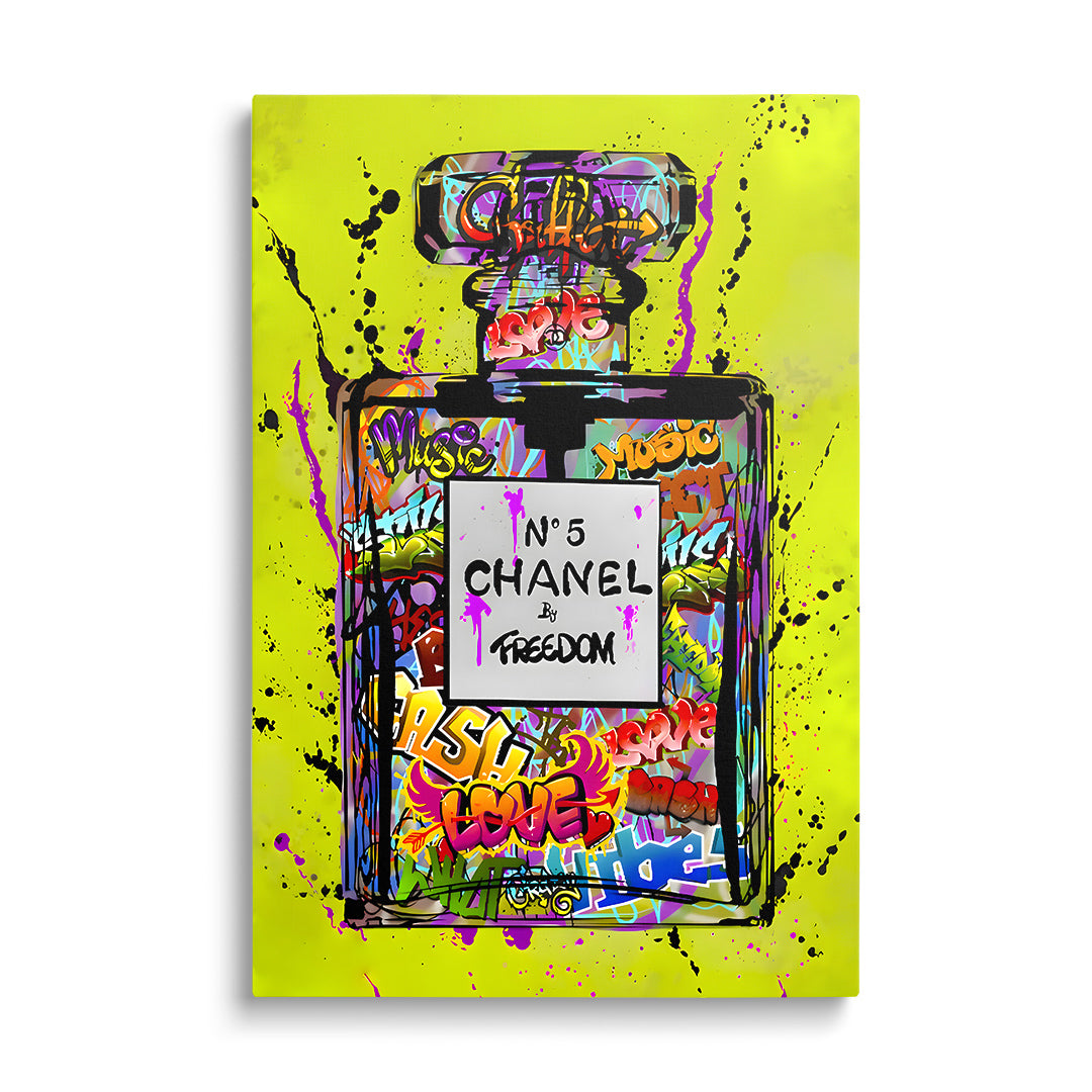 Pop art obraz s graffiti parfémovou lahví zepředu na neonově zeleném pozadí, luxusní obraz ve stylu street art