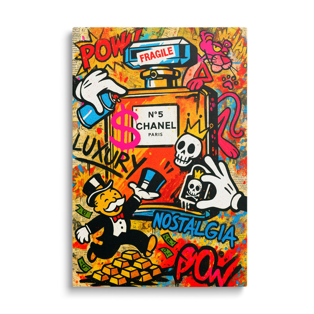 Luxusní pop art obraz na plátně s lahví Chanel No5, Pink Pantherem, Monopoly pánem a dolarovým znakem
