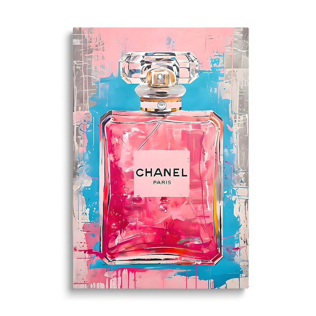 Pop art obraz parfémového flakonu zepředu s růžovo-modrým pozadím, motivační obraz na plátně