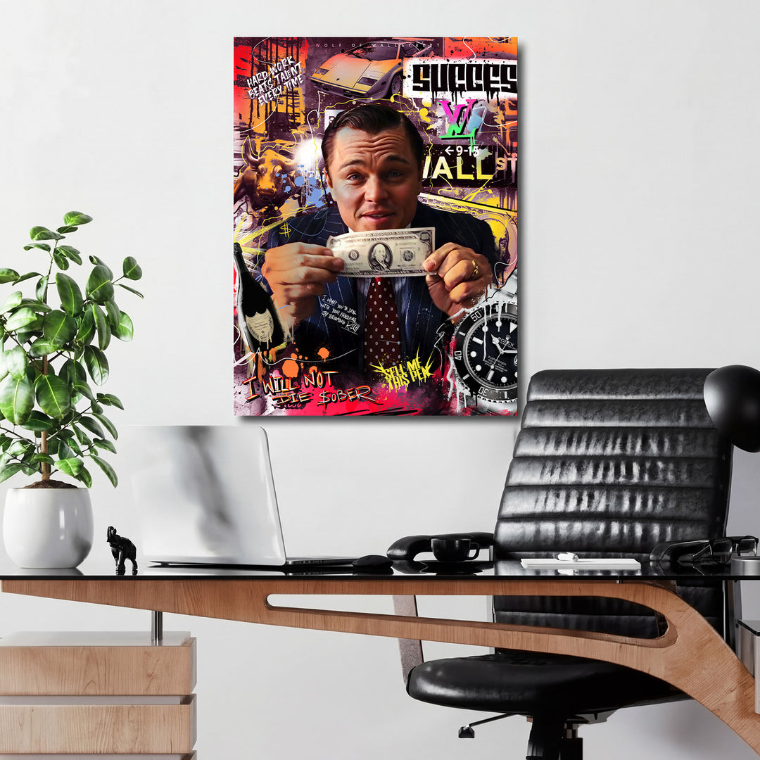 Motivační pop art obraz na plátně s mužem držícím dolar, Lamborghini, býkem a luxusními hodinkami