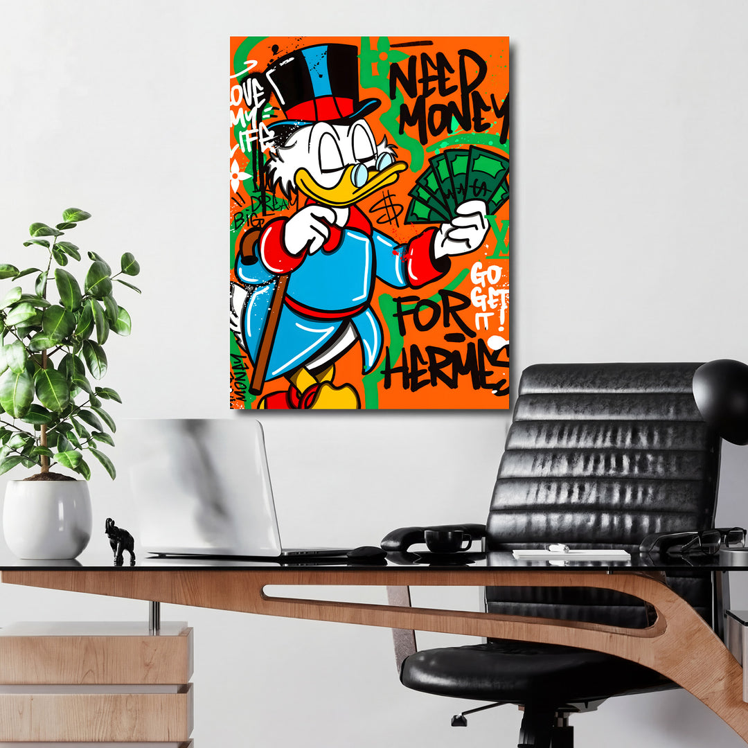 Motivační pop art obraz na plátně s Kačerem Skrblíkem a penězi do moderní kanceláře