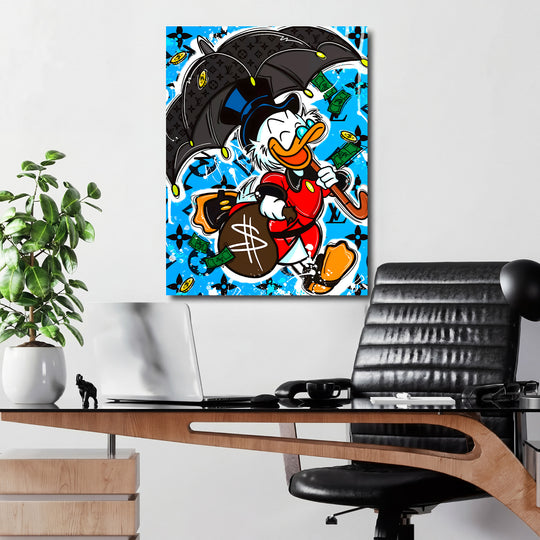 Luxusní pop art obraz na zeď s kačerem pod deštníkem a pršícími bankovkami do kanceláře