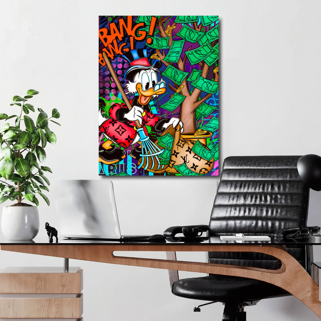 Luxusní pop art obraz na zeď do kanceláře s kachnou v cylindru zalévající strom zelených bankovek
