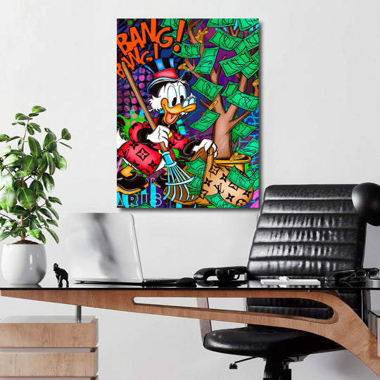 Luxusní pop art obraz na zeď do kanceláře s kachnou v cylindru zalévající strom zelených bankovek