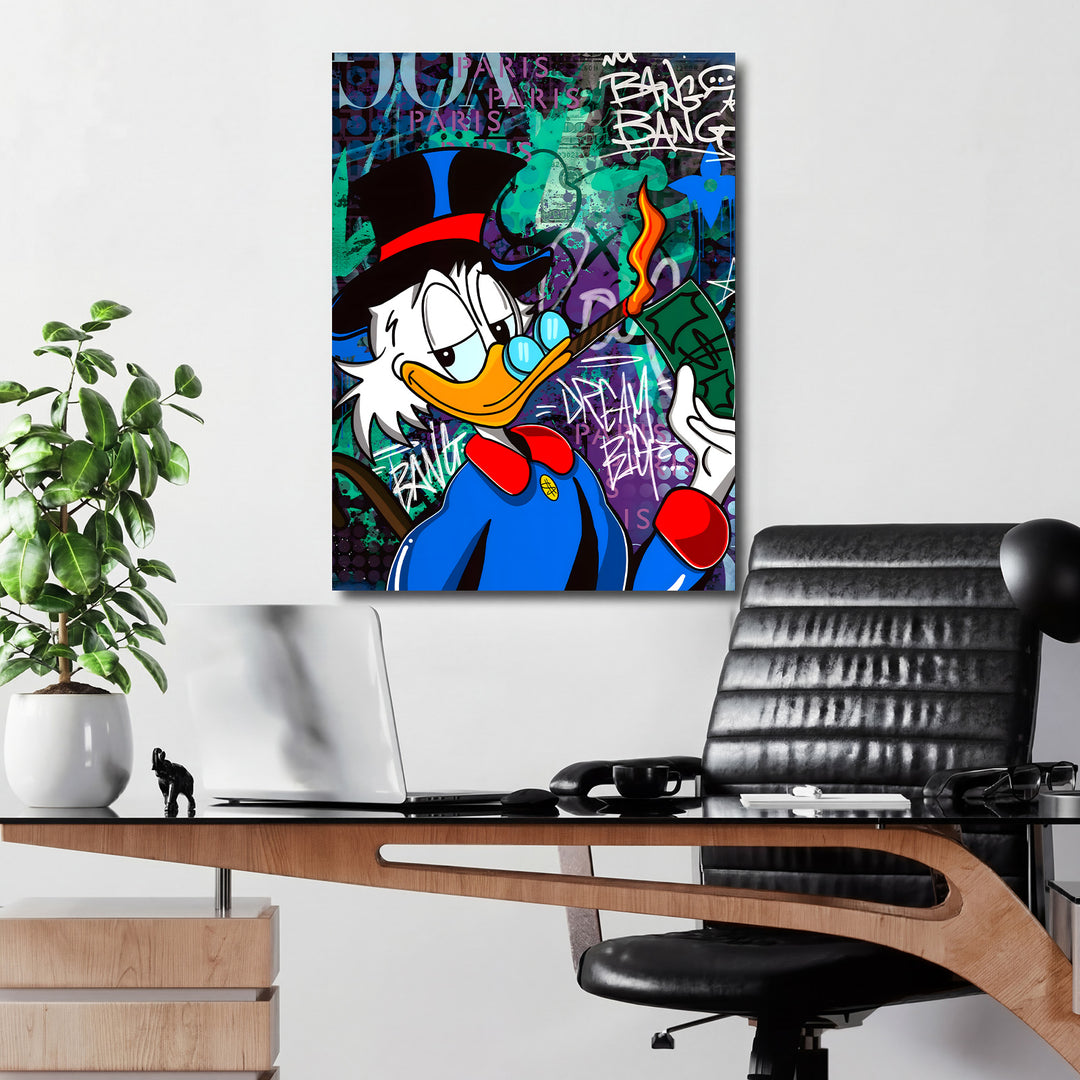 Pop art obraz na plátně s kachnou a hořící bankovkou jako motivační dekor do moderní kanceláře
