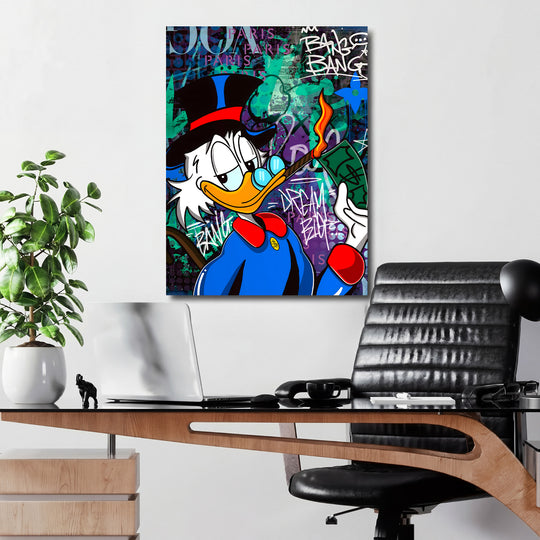 Pop art obraz na plátně s kachnou a hořící bankovkou jako motivační dekor do moderní kanceláře