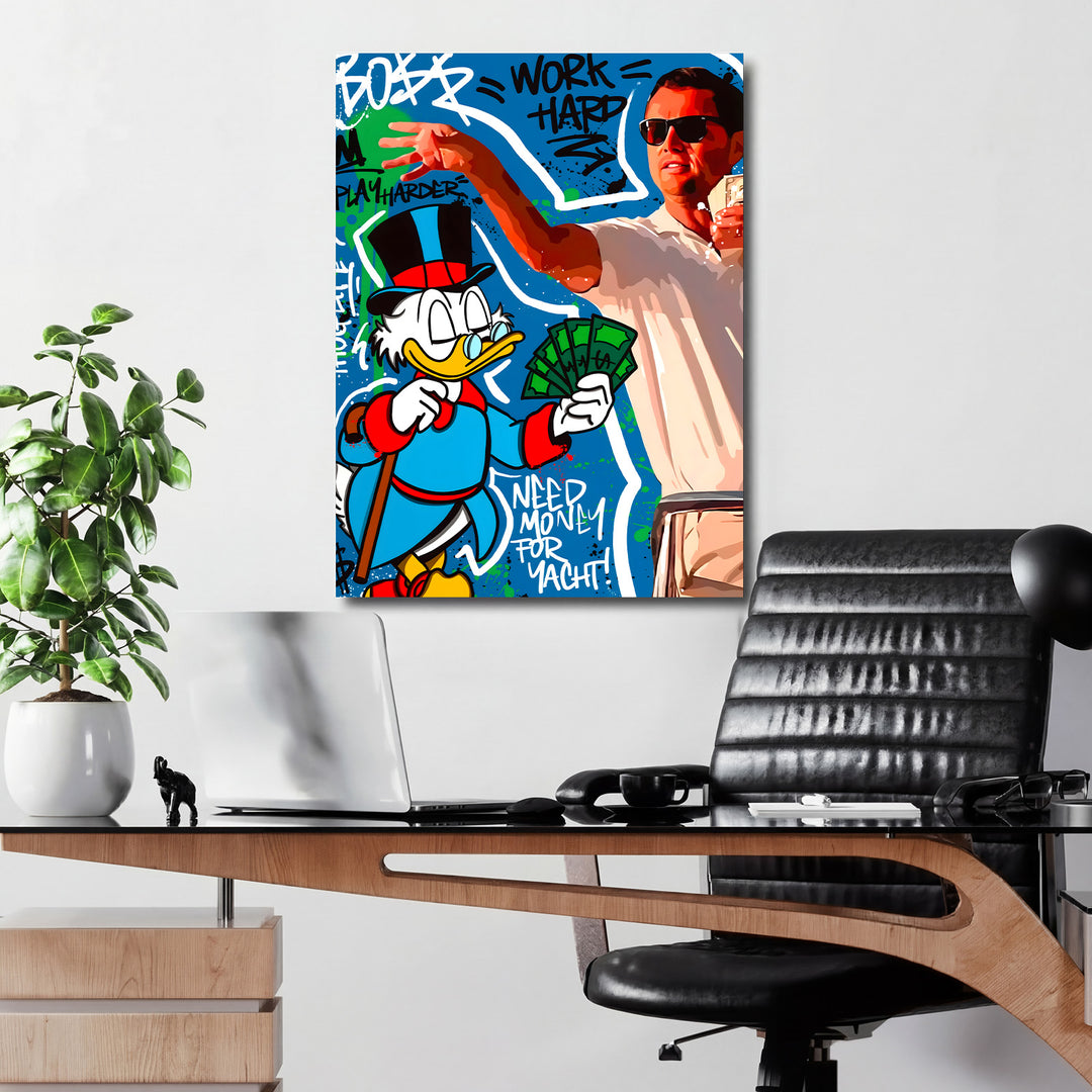 Motivační pop art obraz na plátně do kanceláře s Kačerem Skrblíkem, motivem Wolf of Wall Street a penězi