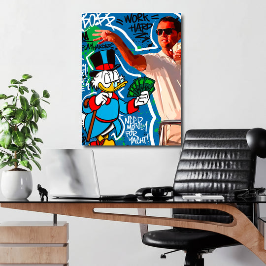 Motivační pop art obraz na plátně do kanceláře s Kačerem Skrblíkem, motivem Wolf of Wall Street a penězi