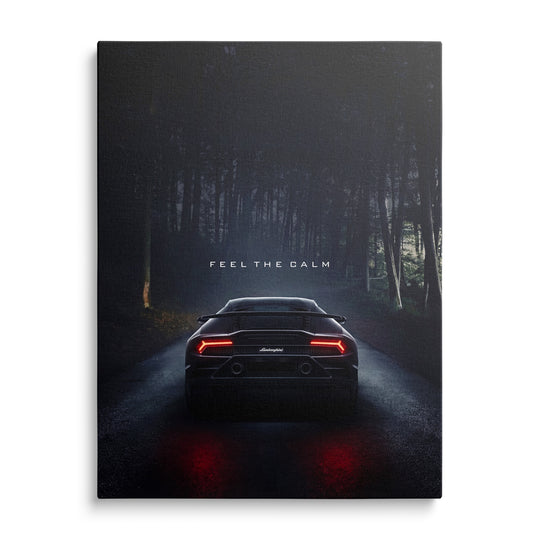 Luxusní obraz na plátně s noční siluetou Lamborghini Huracan na lesní cestě, pohled zpředu