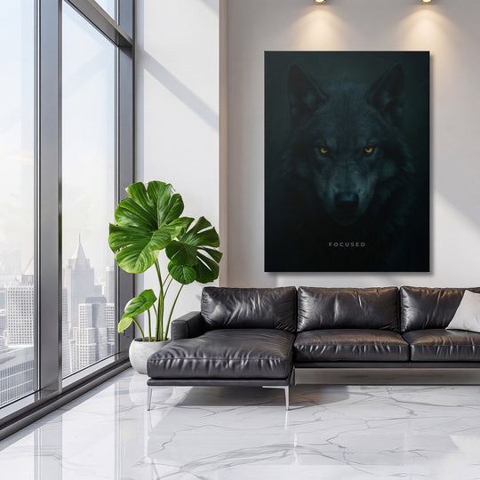 Motivační obraz na zeď s temnou vlčí hlavou a nápisem FOCUSED v luxusním moderním obýváku