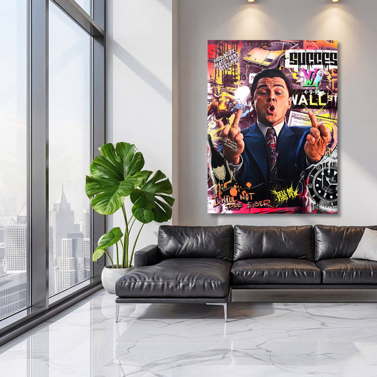 Pop art obraz na zeď do obýváku, motivační koláž muže v obleku s prostředníky, luxusním autem a hodinkami