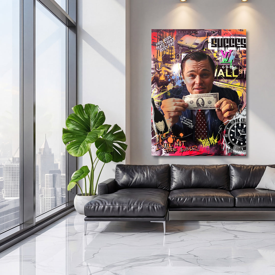 Motivační pop art obraz na plátně s luxusním autem, dolarem, býkem a hodinkami v moderním obývacím pokoji