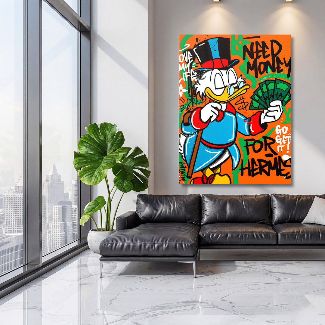 Pop art obraz na plátně s Kačerem Skrblíkem a motivem peněz jako motivační dekorace v moderním obýváku