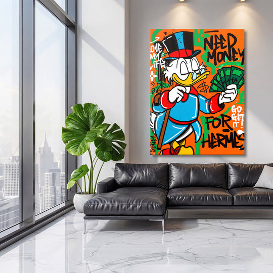 Pop art obraz na plátně s Kačerem Skrblíkem a motivem peněz jako motivační dekorace v moderním obýváku