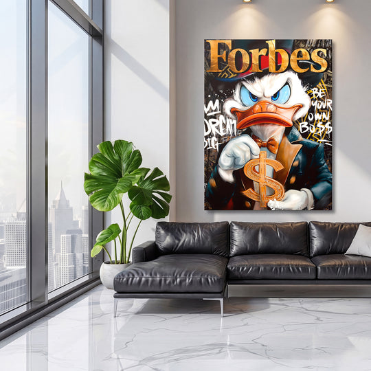 Motivační pop art obraz na plátně s Káčerem Skrblíkem, zlatým dolarem a logem Forbes v obývacím pokoji