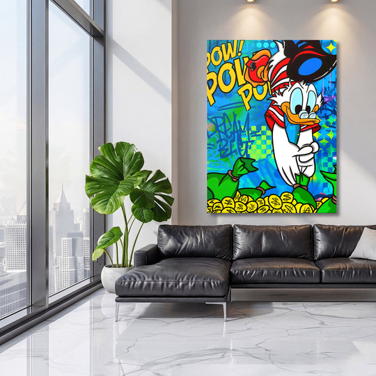 Pop art obraz Kačer Donald s pytli peněz a graffiti pozadím jako luxusní obraz do moderního obýváku