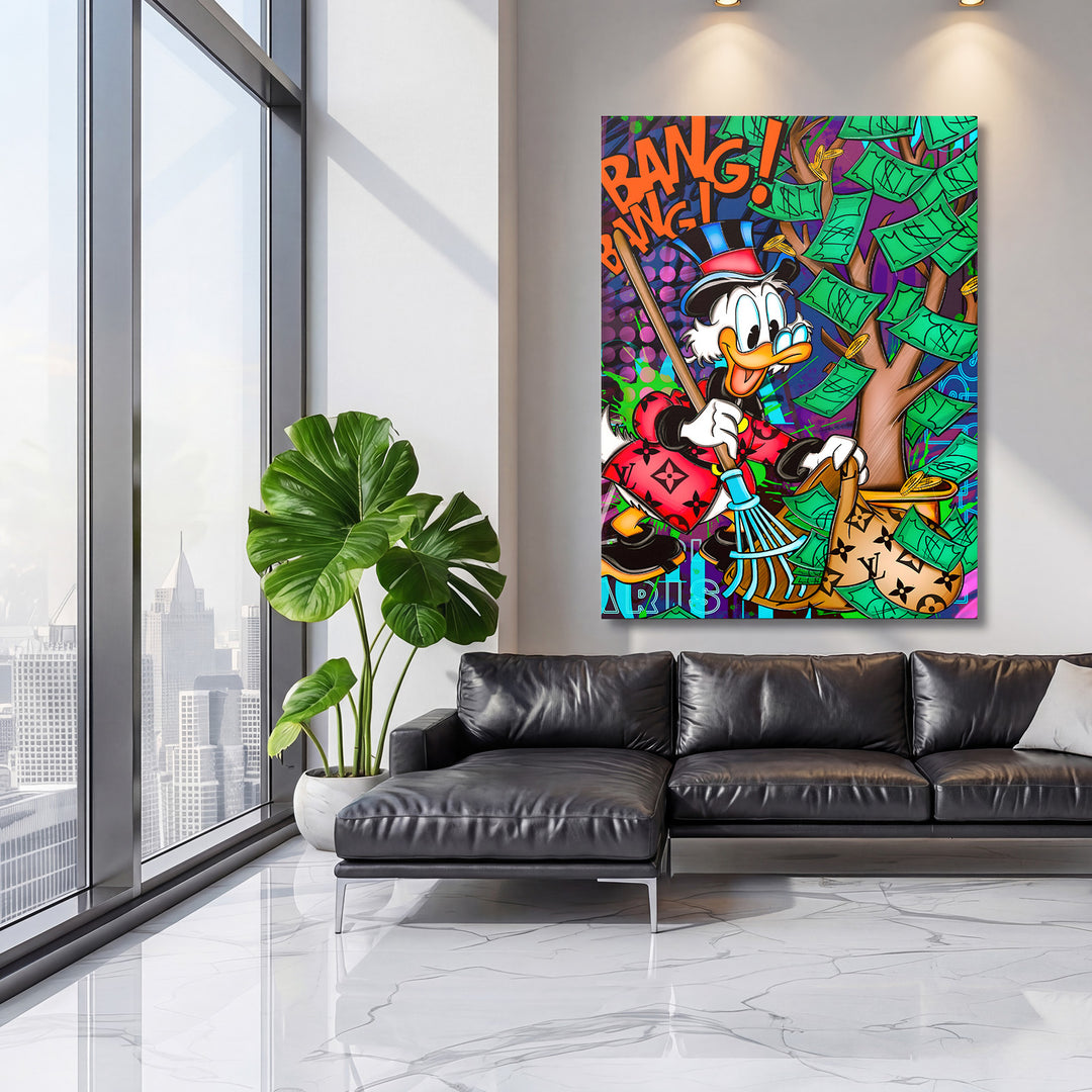 Pop art obraz na zeď do obýváku s peněžním stromem, stylizovanou kachnou a luxusním street-art motivem