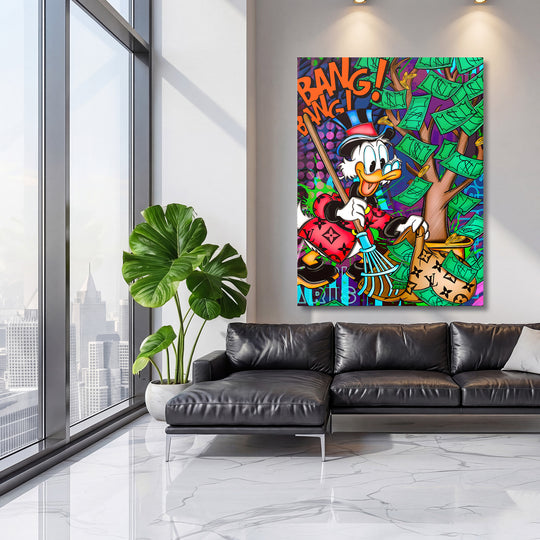 Pop art obraz na zeď do obýváku s peněžním stromem, stylizovanou kachnou a luxusním street-art motivem