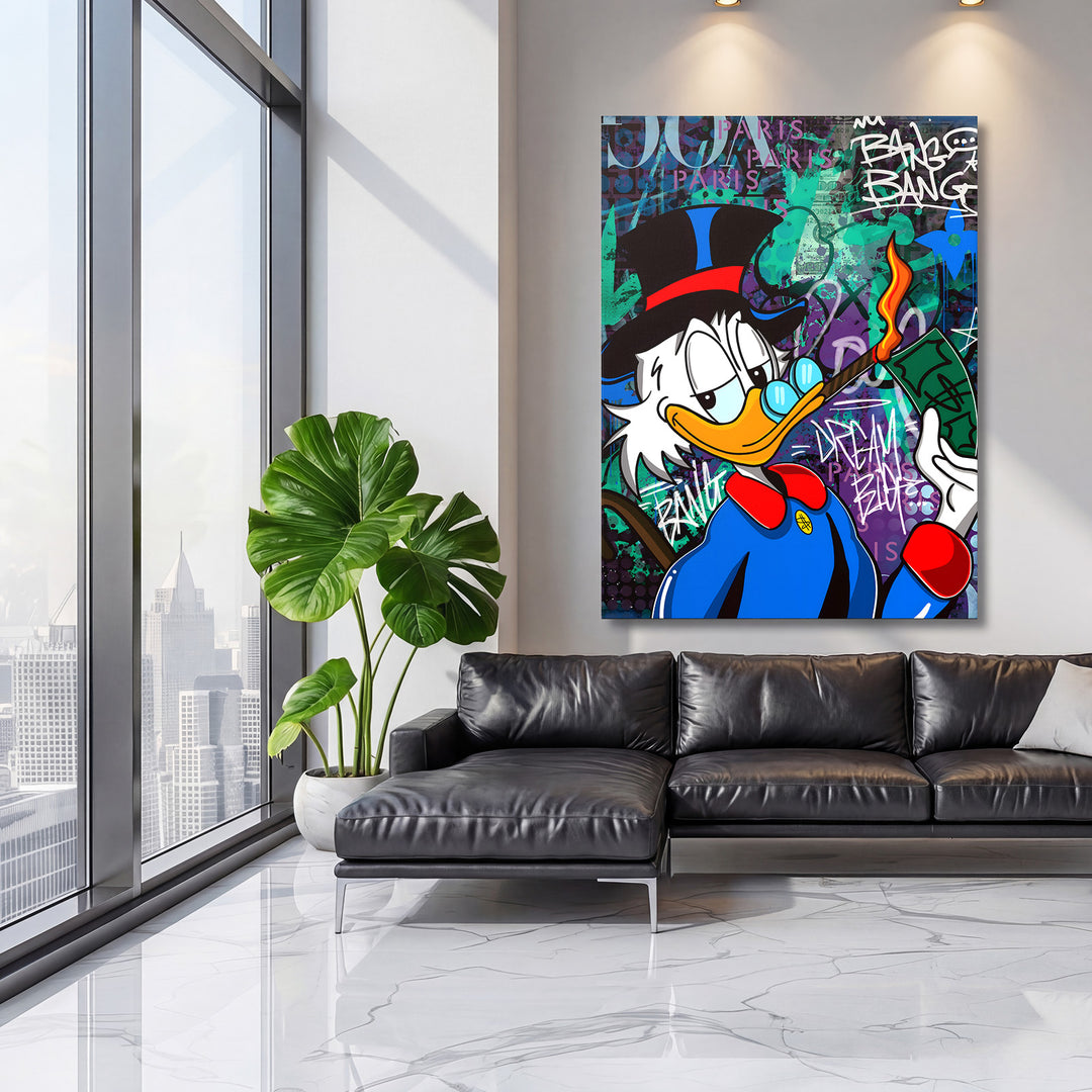 Luxusní obraz na plátně Scrooge McDuck s graffiti motivem peněz v moderním obývacím pokoji