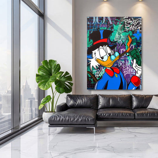 Luxusní obraz na plátně Scrooge McDuck s graffiti motivem peněz v moderním obývacím pokoji