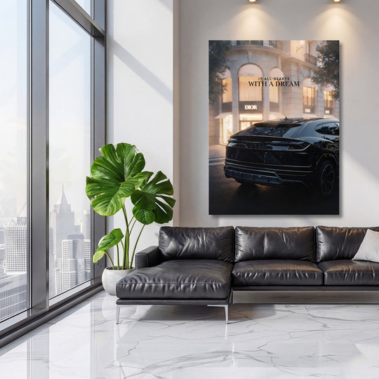 Motivační obraz na plátně s černým Lamborghini před luxusním butikem v moderním obýváku