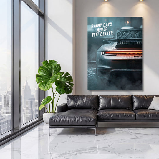 Motivační obraz na plátně s mokrou zadní částí luxusního sporťáku v elegantním moderním obývacím pokoji