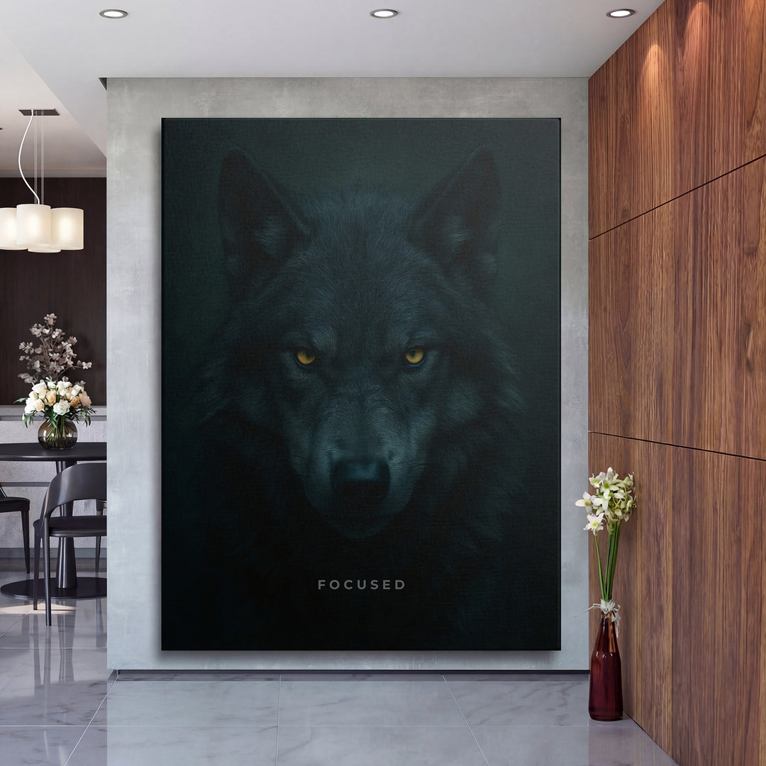 Motivační obraz na plátně s tmavým vlkem se žlutýma očima zavěšený v elegantním moderním interiéru