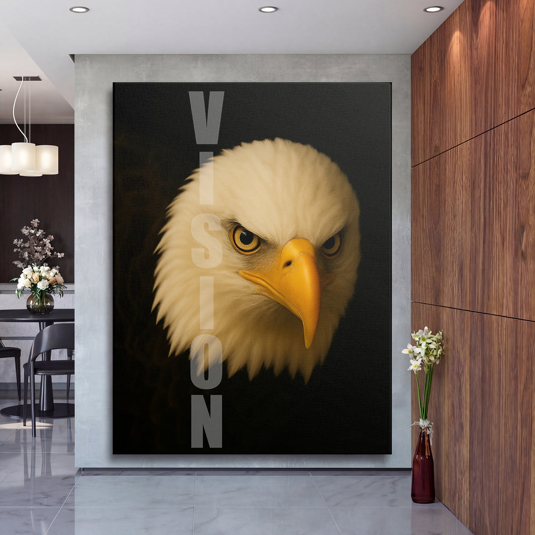 Luxusní obraz na plátně s orlem a vertikálním nápisem VISION v moderním minimalistickém interiéru