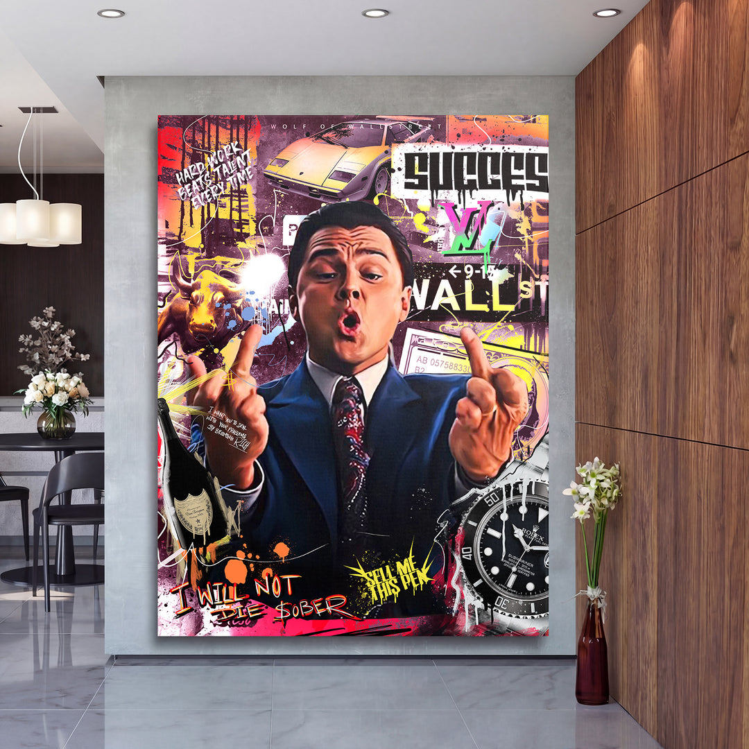 Motivační pop art obraz na zeď do pracovny s koláží Wolf of Wall Street, Lamborghini, býka a hodinek Rolex