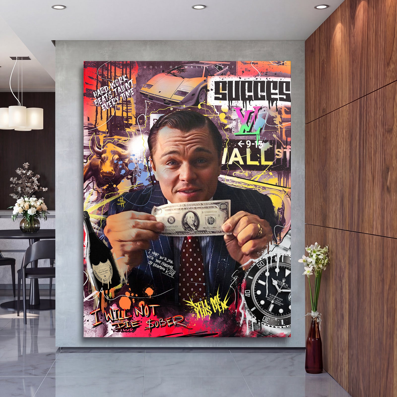 Motivační obraz na plátně v moderním obýváku s pop art koláží peněz, sportovního auta a býka
