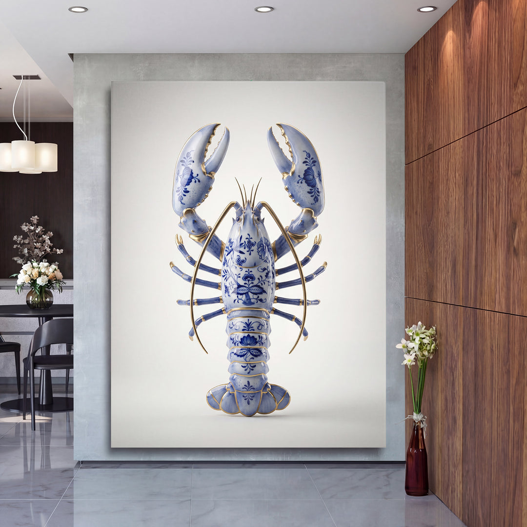 Luxusní obraz na plátně do obýváku s modrobílým porcelánovým humrem a zlatými akcenty, moderní art dekor