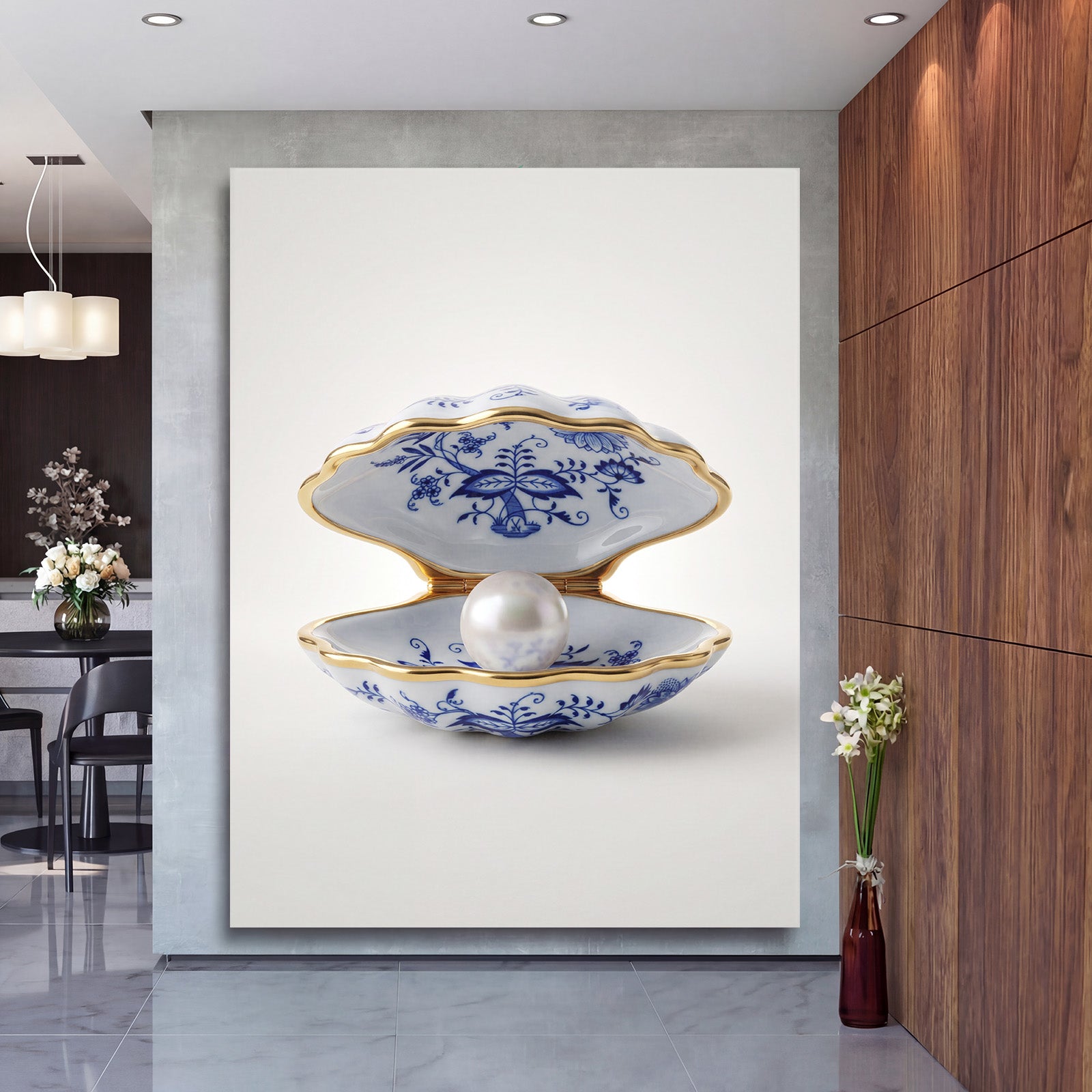 Luxusní obraz na plátně s porcelánovou mušlí a perlou zavěšený v moderním interiéru