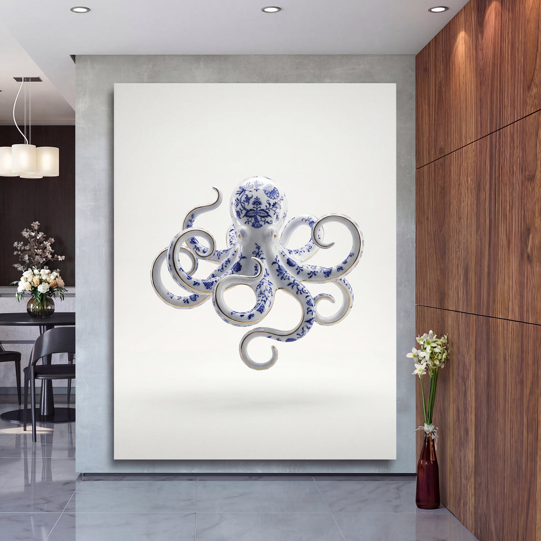 Moderní obraz na plátně s porcelánovou chobotnicí v luxusní kanceláři, designový obraz na zeď