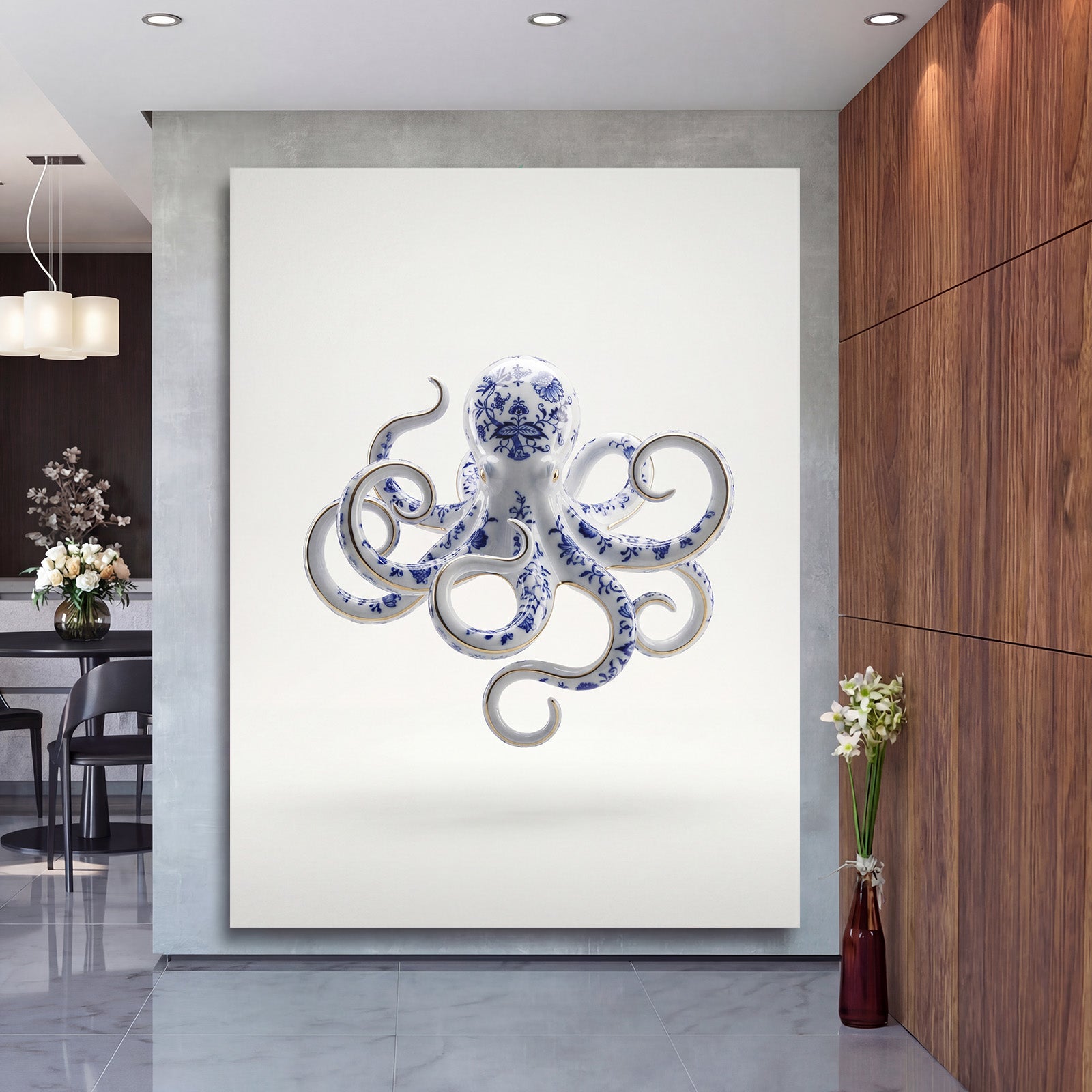 Moderní obraz na plátně s porcelánovou chobotnicí v luxusní kanceláři, designový obraz na zeď