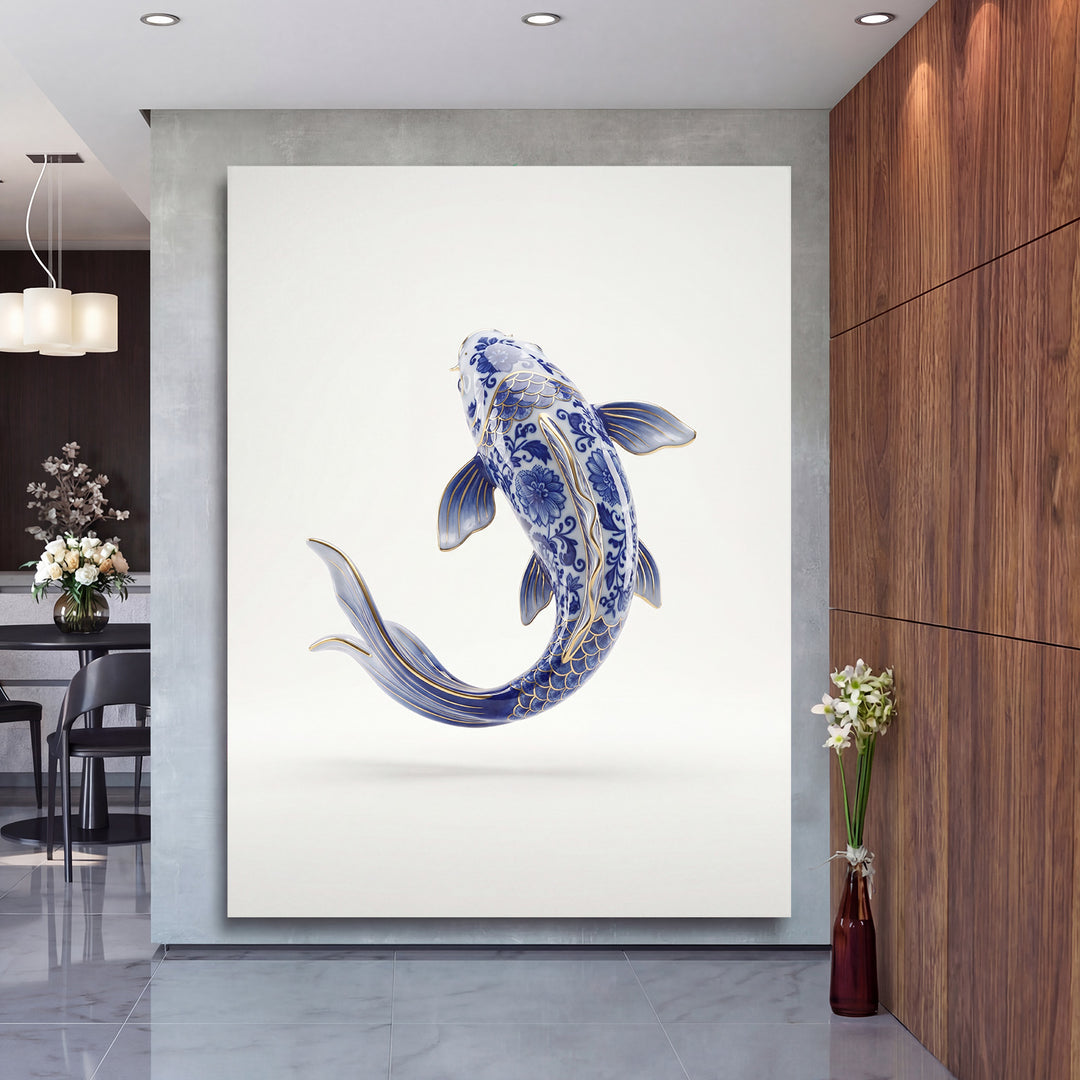Luxusní obraz na zeď s modrobílou porcelánovou koi rybou v moderním elegantním interiéru