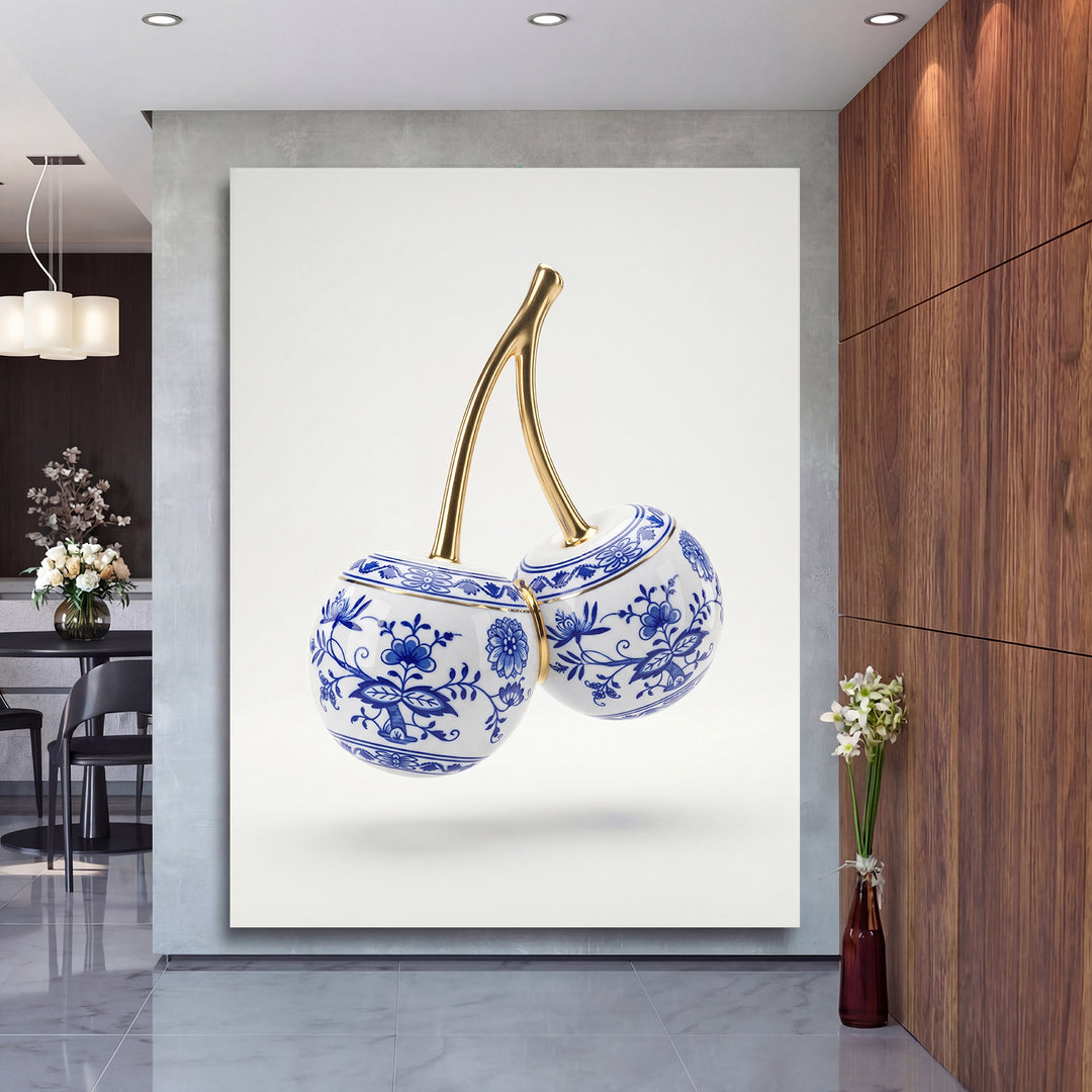 Luxusní obraz na plátně s modrobílými porcelánovými třešněmi a zlatými stonky v moderním interiéru