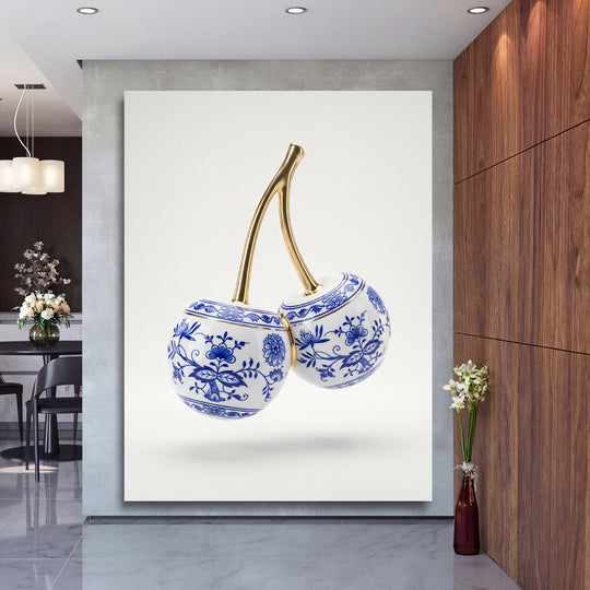 Luxusní obraz na plátně s modrobílými porcelánovými třešněmi a zlatými stonky v moderním interiéru