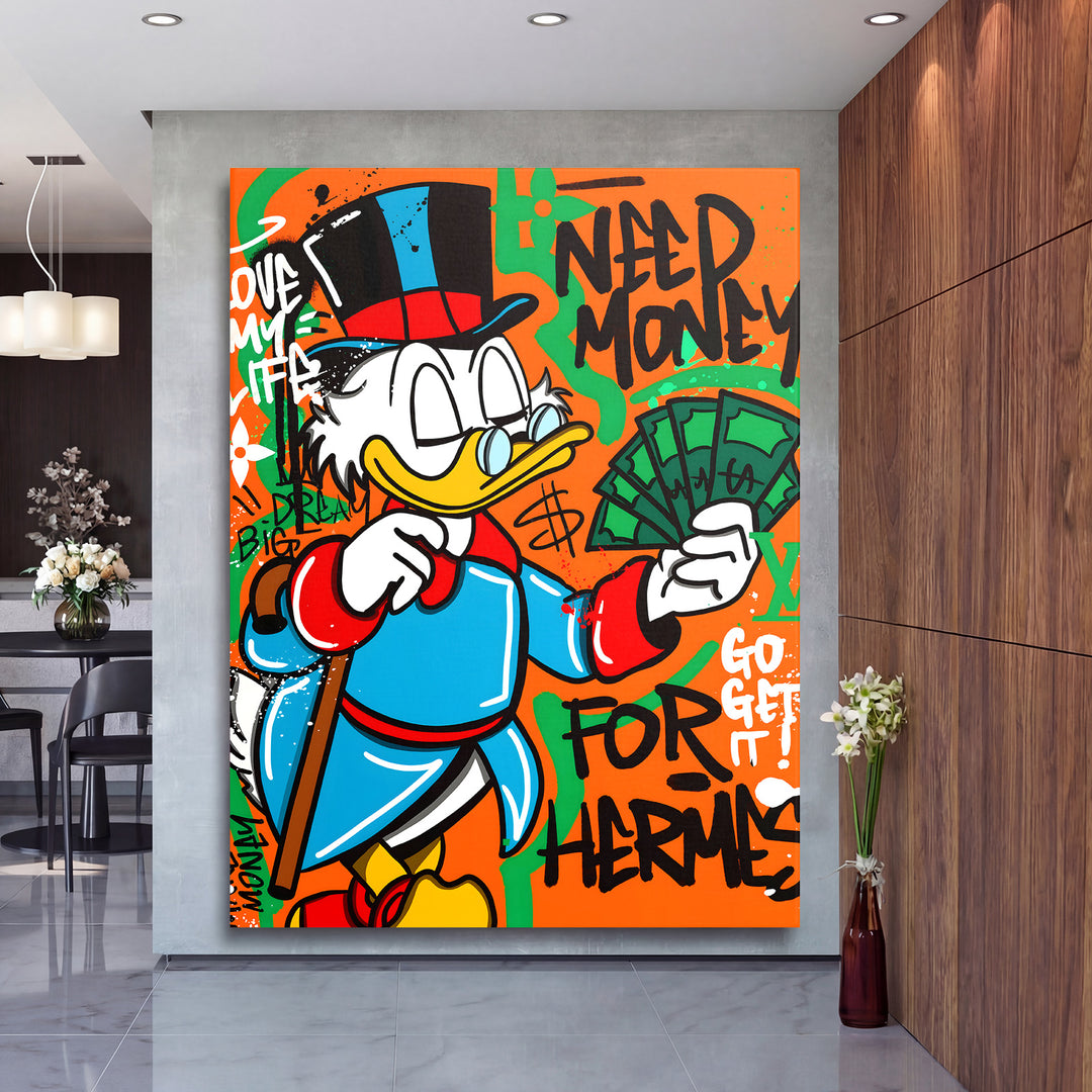 Pop art obraz kačera McDuck s penězi v graffiti stylu jako motivační obraz do luxusního obýváku
