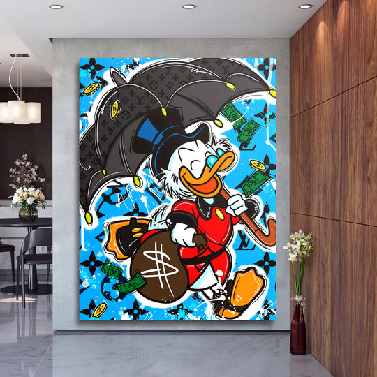 Luxusní pop art obraz na plátně Scrooge McDuck s deštníkem plným peněz v moderním interiéru