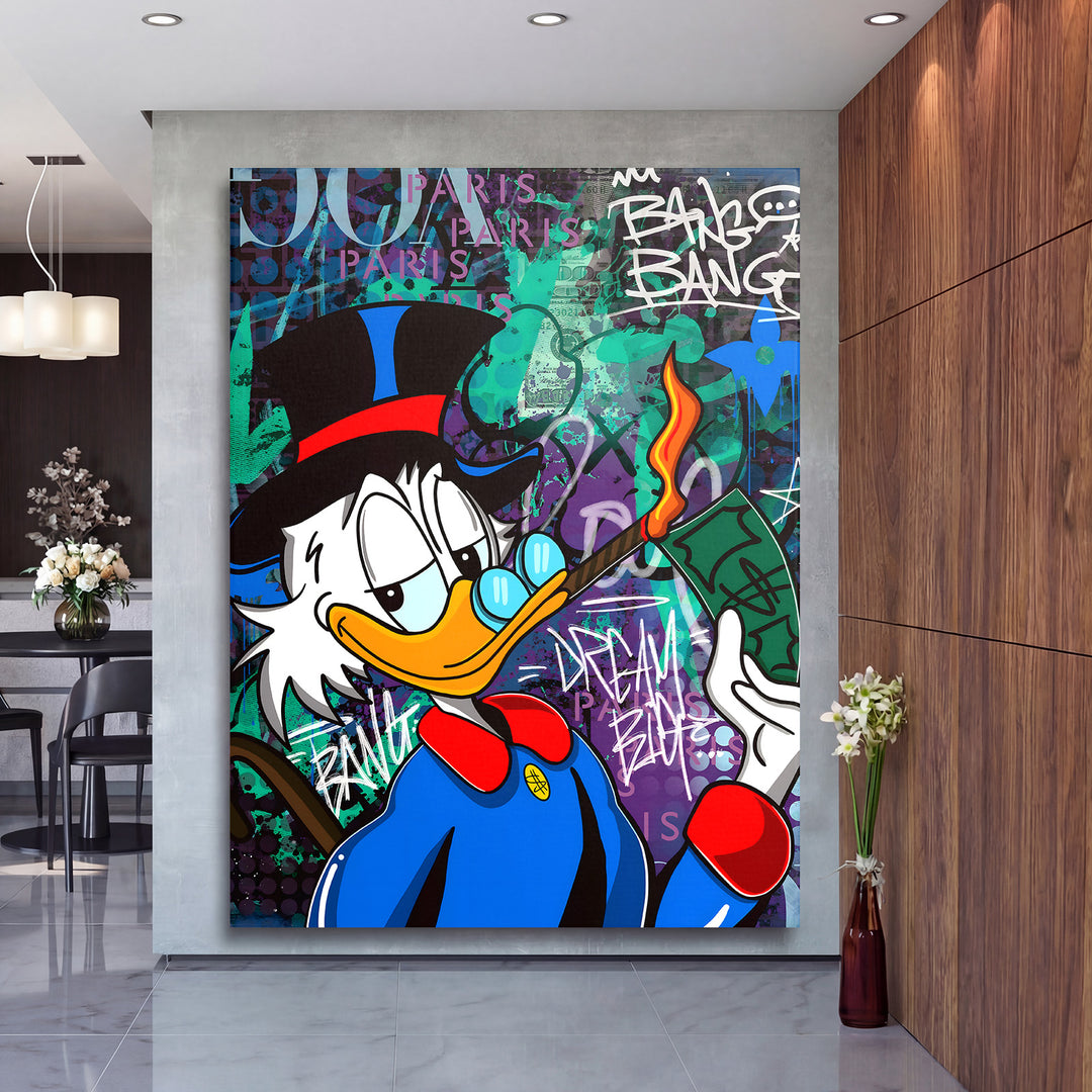 Luxusní pop art obraz Kačera Skrblíka s graffiti motivem peněz jako motivační obraz do obývacího pokoje