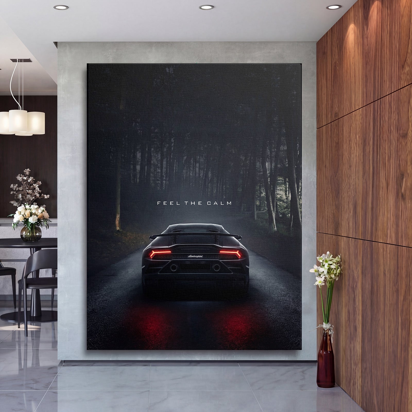 Luxusní obraz na plátně s černým Lamborghini zezadu v nočním lese a motivačním citátem Feel the Calm