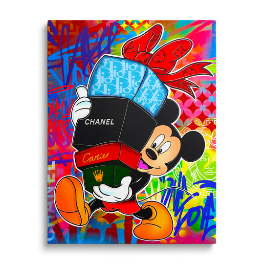 Luxusní pop art obraz na plátně s Mickey Mousem nesoucím krabice Chanel, Cartier a Rolex na graffiti pozadí