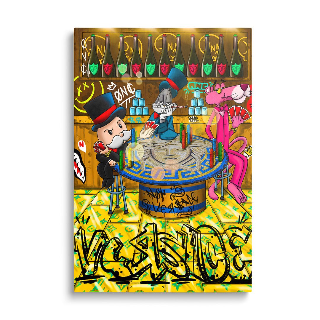 Luxusní pop art obraz na plátně s karetní scénou, graffiti Versace, motivem peněz a barovým alkoholem