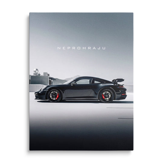 Luxusní obraz na plátně s černým Porsche 911 GT3 RS zepředu a motivačním nápisem Neprohraju