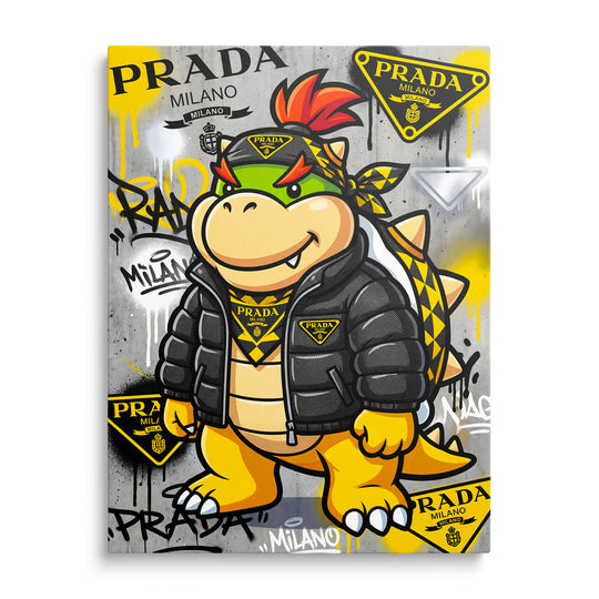 Pop art obraz na plátně s karikaturním dinosaurem v bundě před barevným graffiti pozadím